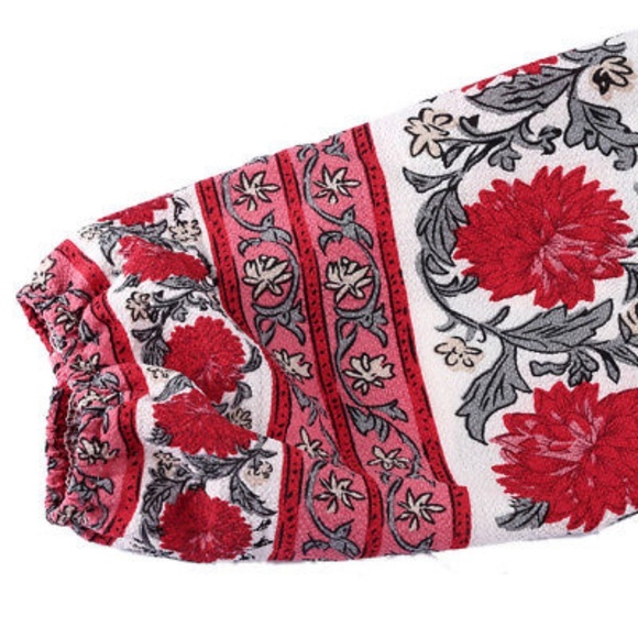 Off Shoulder Long Sleeve Red Floral Chiffon Romper - Picture 7 of 8